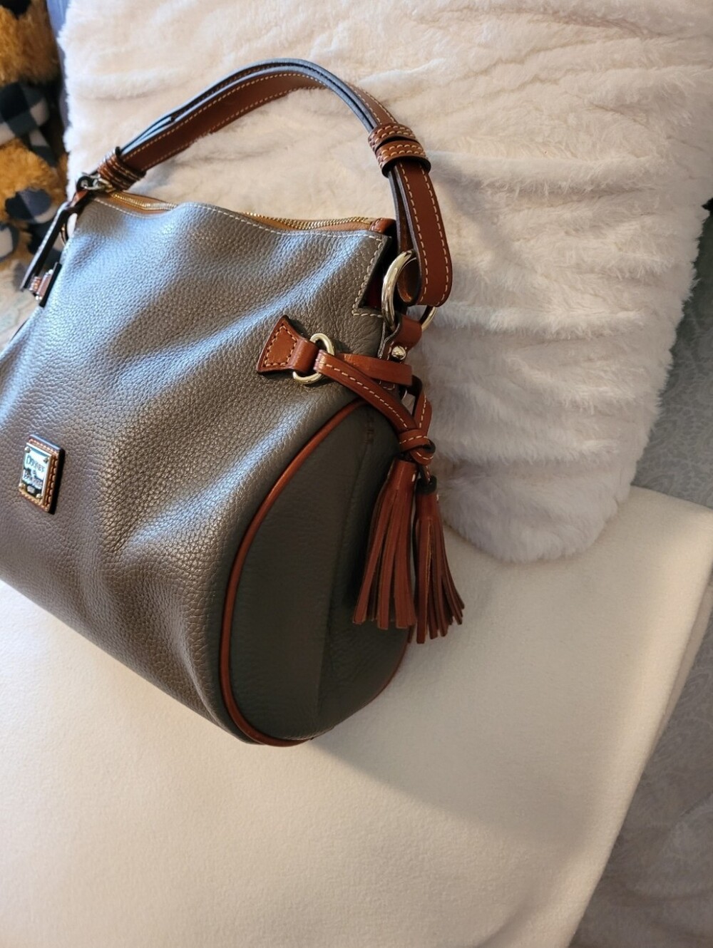 Dooney & Bourke Olive Pebble Leather Shoulder Bag with Brown Trim